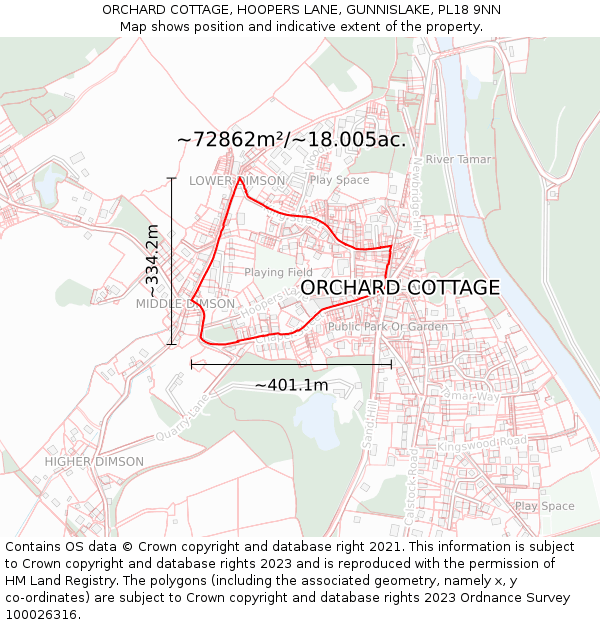 ORCHARD COTTAGE, HOOPERS LANE, GUNNISLAKE, PL18 9NN: Plot and title map