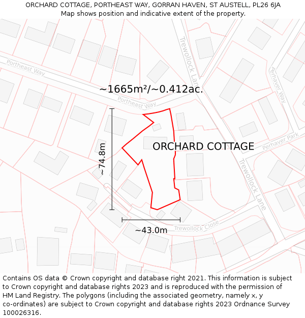 ORCHARD COTTAGE, PORTHEAST WAY, GORRAN HAVEN, ST AUSTELL, PL26 6JA: Plot and title map