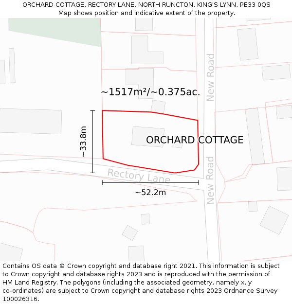 ORCHARD COTTAGE, RECTORY LANE, NORTH RUNCTON, KING'S LYNN, PE33 0QS: Plot and title map