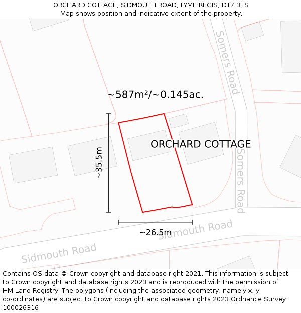 ORCHARD COTTAGE, SIDMOUTH ROAD, LYME REGIS, DT7 3ES: Plot and title map