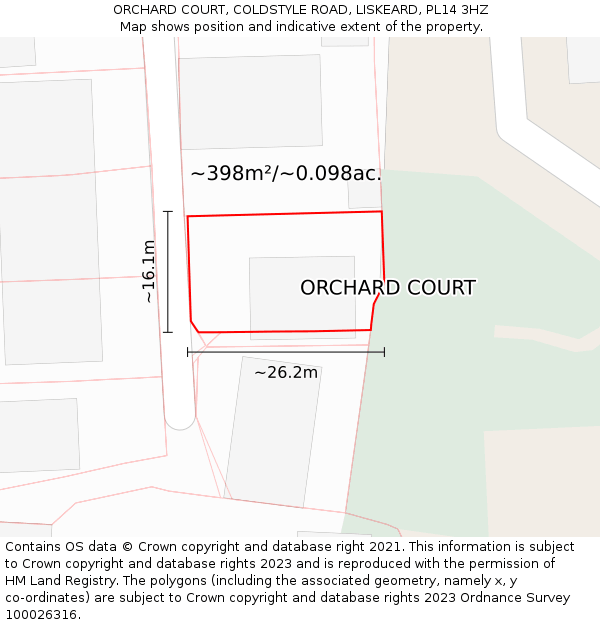 ORCHARD COURT, COLDSTYLE ROAD, LISKEARD, PL14 3HZ: Plot and title map