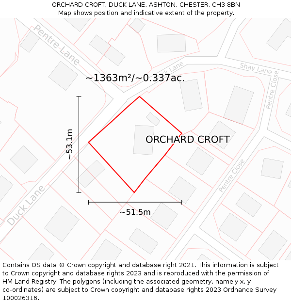 ORCHARD CROFT, DUCK LANE, ASHTON, CHESTER, CH3 8BN: Plot and title map