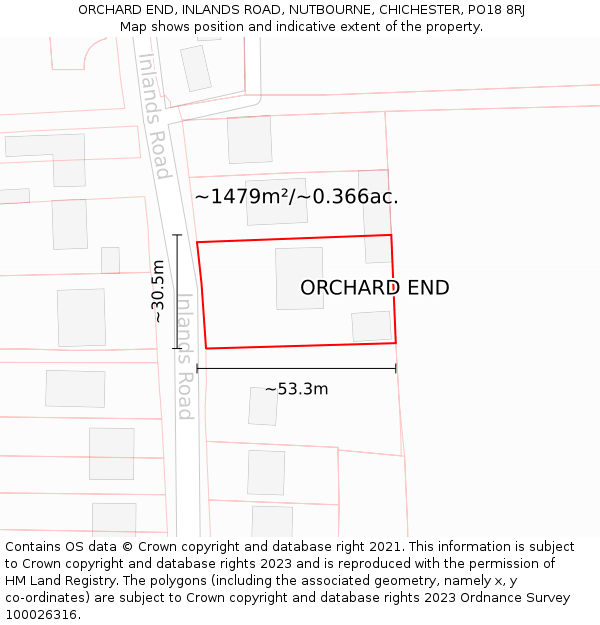 ORCHARD END, INLANDS ROAD, NUTBOURNE, CHICHESTER, PO18 8RJ: Plot and title map