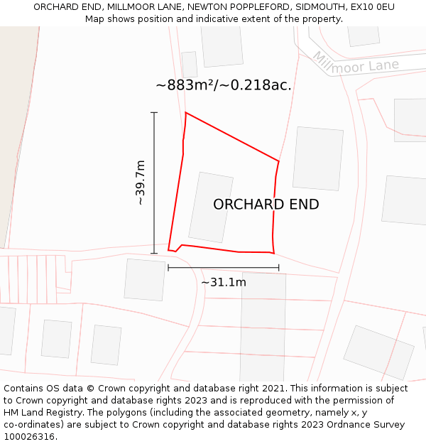 ORCHARD END, MILLMOOR LANE, NEWTON POPPLEFORD, SIDMOUTH, EX10 0EU: Plot and title map