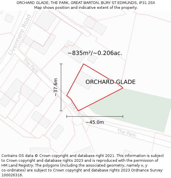 ORCHARD GLADE, THE PARK, GREAT BARTON, BURY ST EDMUNDS, IP31 2SX: Plot and title map