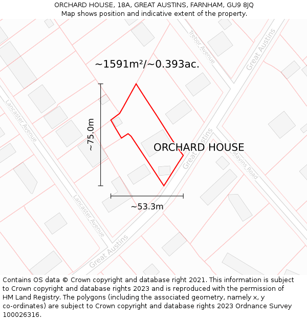 ORCHARD HOUSE, 18A, GREAT AUSTINS, FARNHAM, GU9 8JQ: Plot and title map