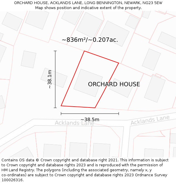 ORCHARD HOUSE, ACKLANDS LANE, LONG BENNINGTON, NEWARK, NG23 5EW: Plot and title map