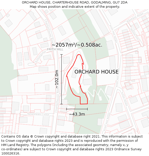ORCHARD HOUSE, CHARTERHOUSE ROAD, GODALMING, GU7 2DA: Plot and title map