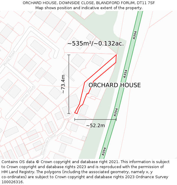 ORCHARD HOUSE, DOWNSIDE CLOSE, BLANDFORD FORUM, DT11 7SF: Plot and title map