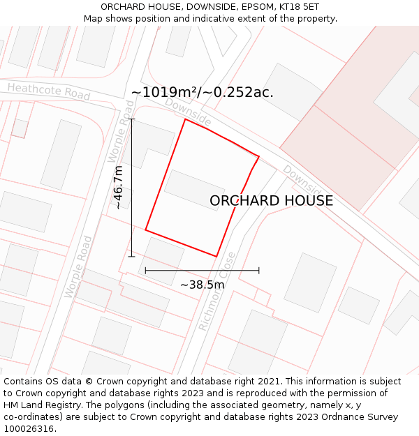 ORCHARD HOUSE, DOWNSIDE, EPSOM, KT18 5ET: Plot and title map