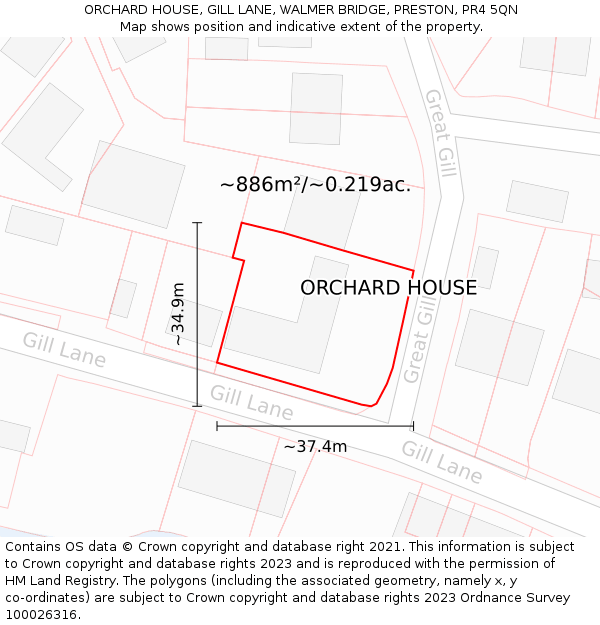 ORCHARD HOUSE, GILL LANE, WALMER BRIDGE, PRESTON, PR4 5QN: Plot and title map