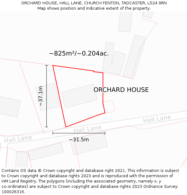 ORCHARD HOUSE, HALL LANE, CHURCH FENTON, TADCASTER, LS24 9RN: Plot and title map