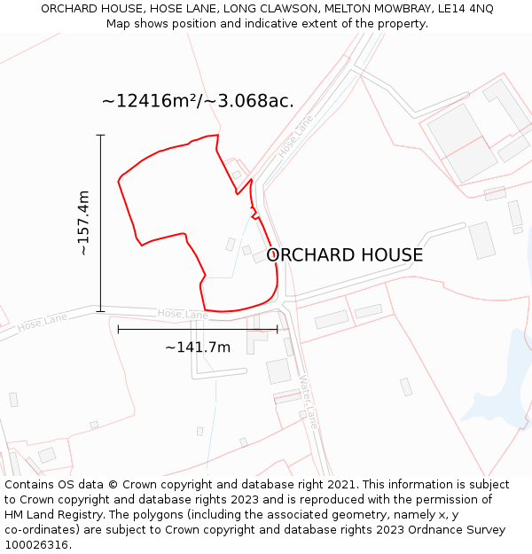 ORCHARD HOUSE, HOSE LANE, LONG CLAWSON, MELTON MOWBRAY, LE14 4NQ: Plot and title map