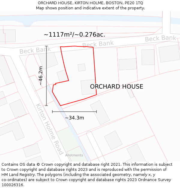 ORCHARD HOUSE, KIRTON HOLME, BOSTON, PE20 1TQ: Plot and title map
