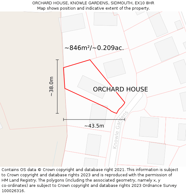ORCHARD HOUSE, KNOWLE GARDENS, SIDMOUTH, EX10 8HR: Plot and title map