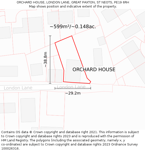 ORCHARD HOUSE, LONDON LANE, GREAT PAXTON, ST NEOTS, PE19 6RH: Plot and title map