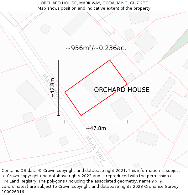 ORCHARD HOUSE, MARK WAY, GODALMING, GU7 2BE: Plot and title map