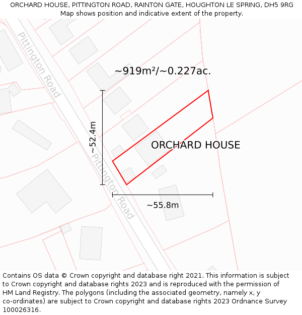 ORCHARD HOUSE, PITTINGTON ROAD, RAINTON GATE, HOUGHTON LE SPRING, DH5 9RG: Plot and title map