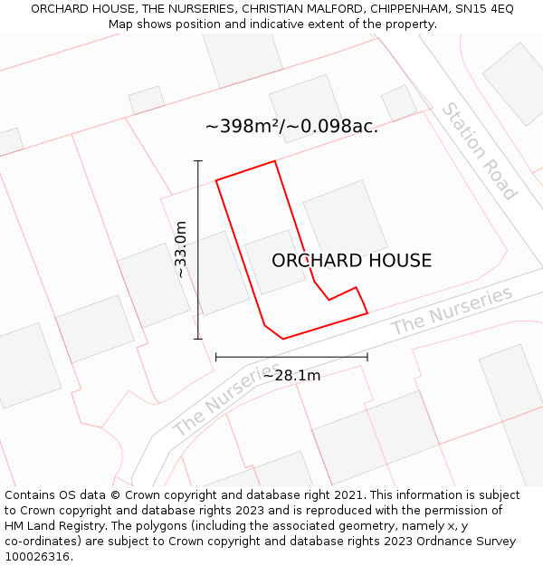 ORCHARD HOUSE, THE NURSERIES, CHRISTIAN MALFORD, CHIPPENHAM, SN15 4EQ: Plot and title map