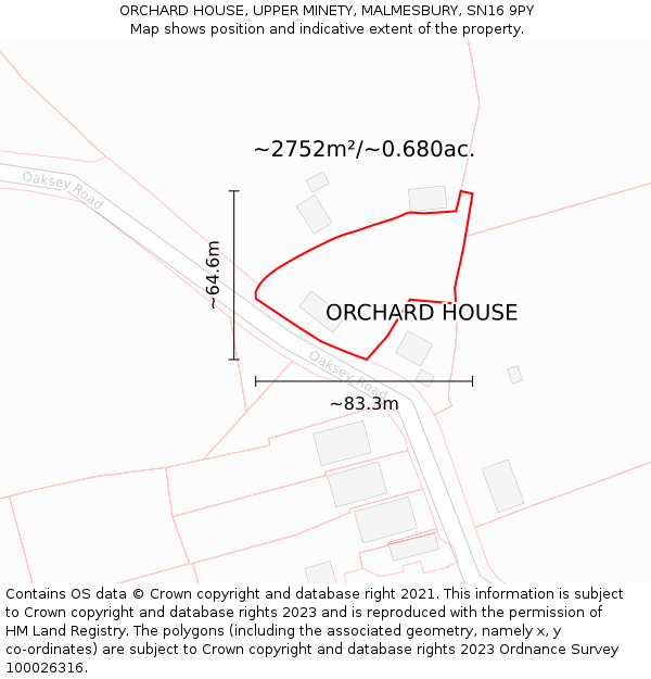 ORCHARD HOUSE, UPPER MINETY, MALMESBURY, SN16 9PY: Plot and title map