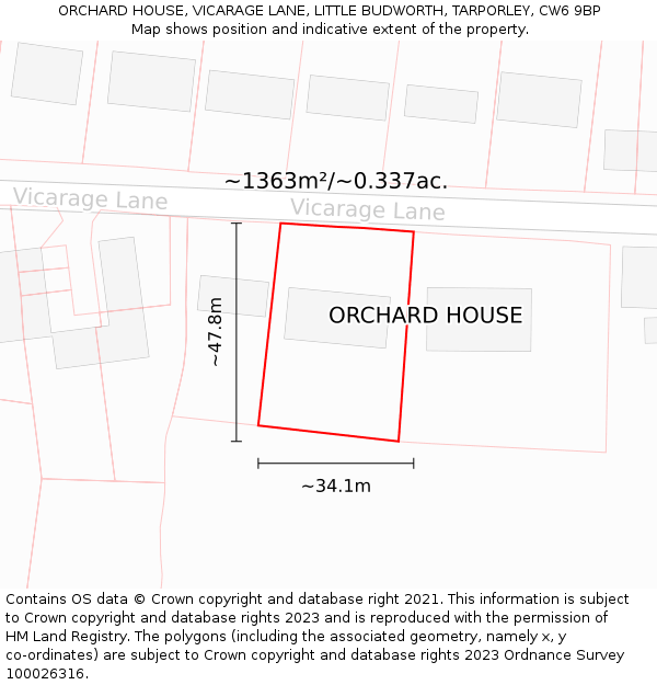 ORCHARD HOUSE, VICARAGE LANE, LITTLE BUDWORTH, TARPORLEY, CW6 9BP: Plot and title map