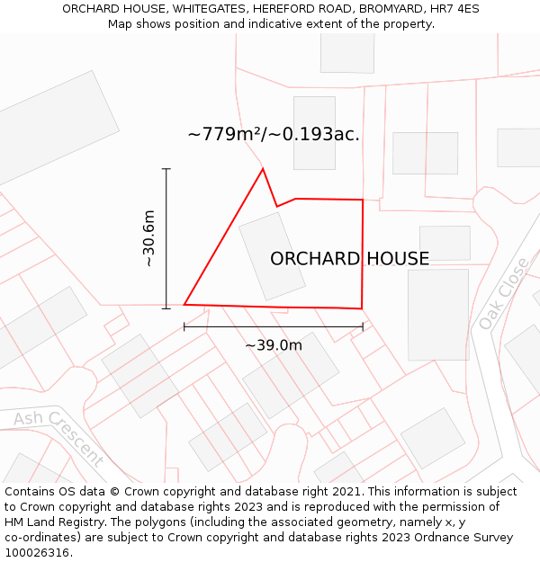 ORCHARD HOUSE, WHITEGATES, HEREFORD ROAD, BROMYARD, HR7 4ES: Plot and title map