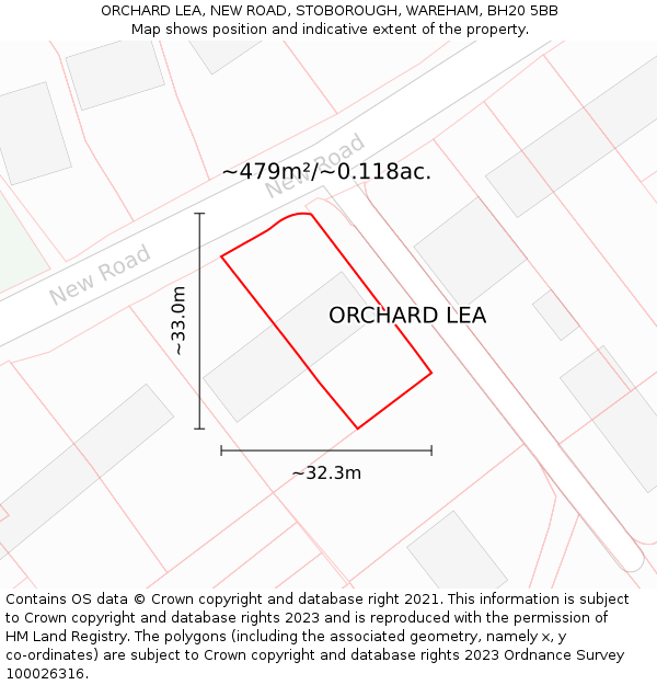 ORCHARD LEA, NEW ROAD, STOBOROUGH, WAREHAM, BH20 5BB: Plot and title map