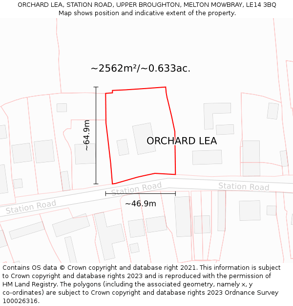 ORCHARD LEA, STATION ROAD, UPPER BROUGHTON, MELTON MOWBRAY, LE14 3BQ: Plot and title map