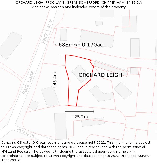 ORCHARD LEIGH, FROG LANE, GREAT SOMERFORD, CHIPPENHAM, SN15 5JA: Plot and title map