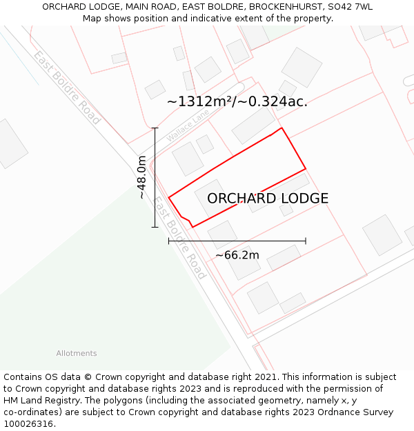 ORCHARD LODGE, MAIN ROAD, EAST BOLDRE, BROCKENHURST, SO42 7WL: Plot and title map