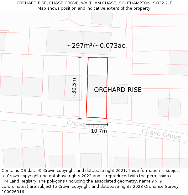 ORCHARD RISE, CHASE GROVE, WALTHAM CHASE, SOUTHAMPTON, SO32 2LF: Plot and title map