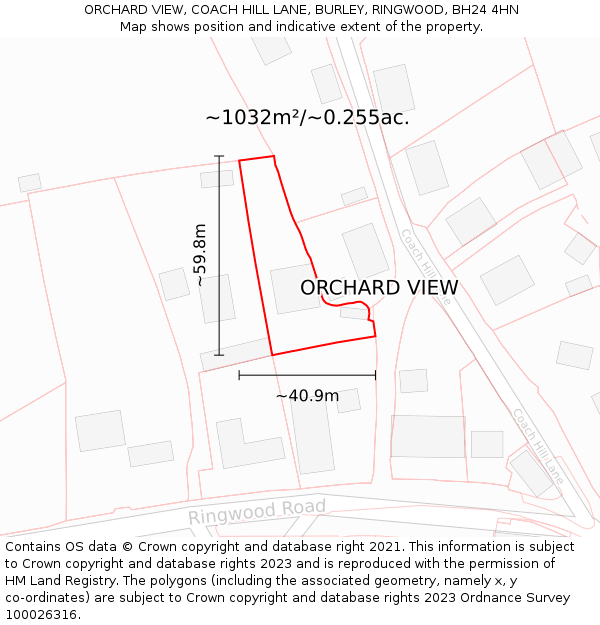 ORCHARD VIEW, COACH HILL LANE, BURLEY, RINGWOOD, BH24 4HN: Plot and title map