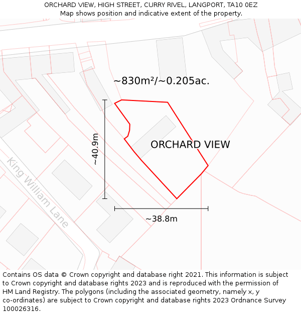 ORCHARD VIEW, HIGH STREET, CURRY RIVEL, LANGPORT, TA10 0EZ: Plot and title map