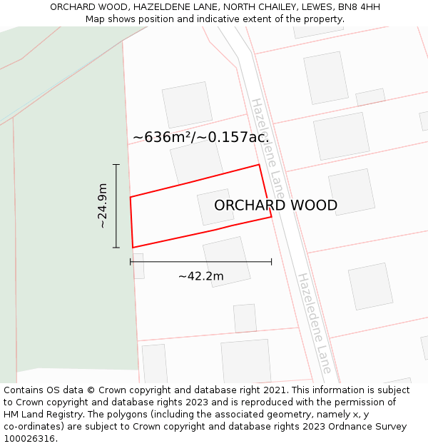 ORCHARD WOOD, HAZELDENE LANE, NORTH CHAILEY, LEWES, BN8 4HH: Plot and title map