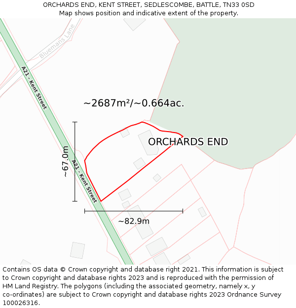 ORCHARDS END, KENT STREET, SEDLESCOMBE, BATTLE, TN33 0SD: Plot and title map