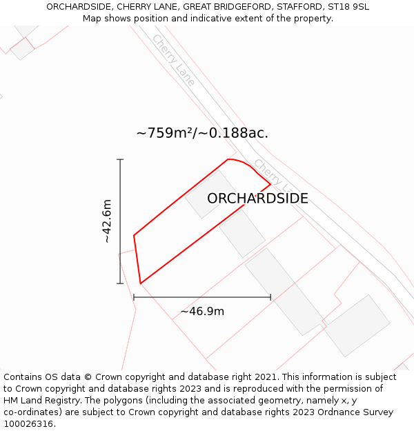 ORCHARDSIDE, CHERRY LANE, GREAT BRIDGEFORD, STAFFORD, ST18 9SL: Plot and title map