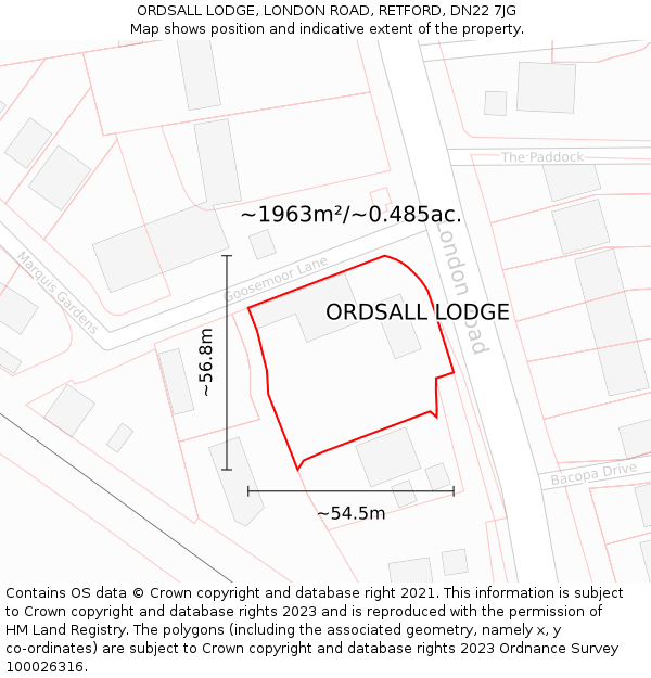 ORDSALL LODGE, LONDON ROAD, RETFORD, DN22 7JG: Plot and title map