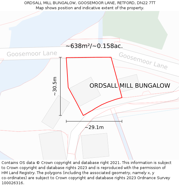 ORDSALL MILL BUNGALOW, GOOSEMOOR LANE, RETFORD, DN22 7TT: Plot and title map