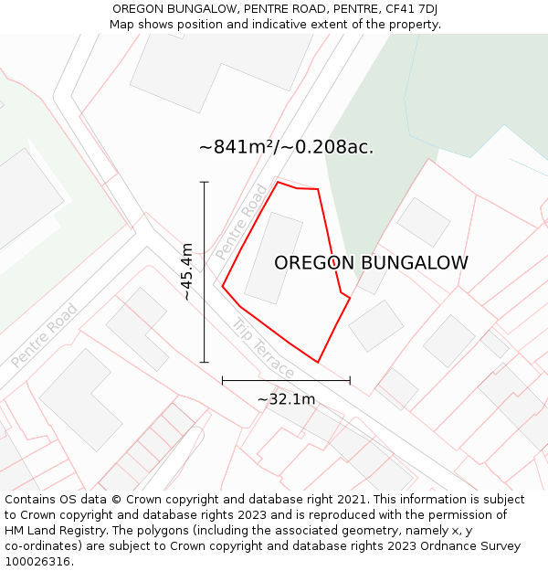 OREGON BUNGALOW, PENTRE ROAD, PENTRE, CF41 7DJ: Plot and title map