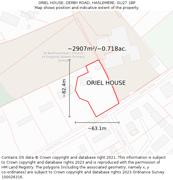 ORIEL HOUSE, DERBY ROAD, HASLEMERE, GU27 1BP: Plot and title map