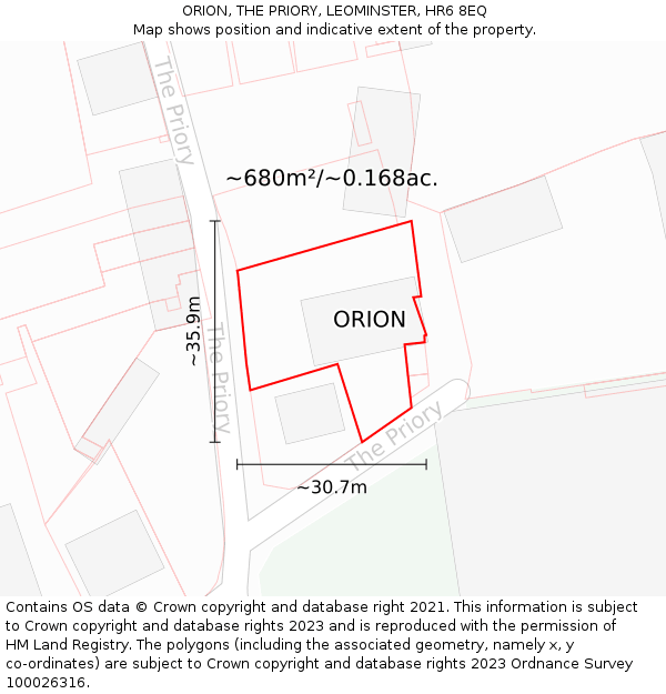 ORION, THE PRIORY, LEOMINSTER, HR6 8EQ: Plot and title map