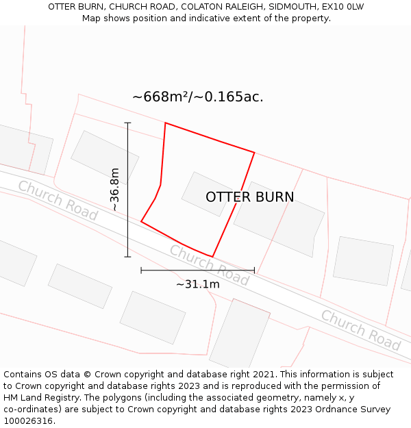 OTTER BURN, CHURCH ROAD, COLATON RALEIGH, SIDMOUTH, EX10 0LW: Plot and title map