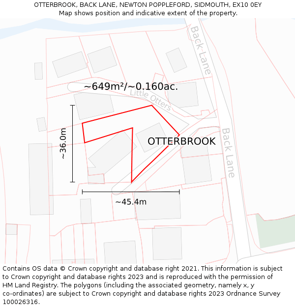 OTTERBROOK, BACK LANE, NEWTON POPPLEFORD, SIDMOUTH, EX10 0EY: Plot and title map