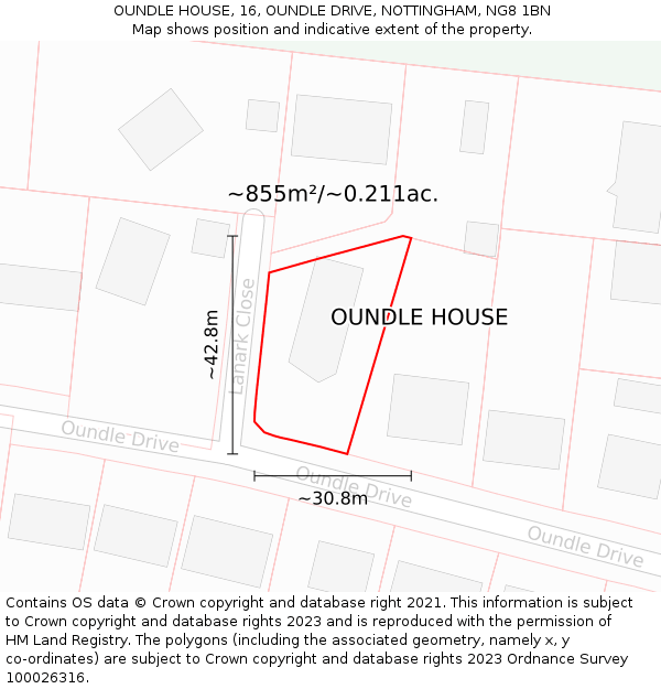 OUNDLE HOUSE, 16, OUNDLE DRIVE, NOTTINGHAM, NG8 1BN: Plot and title map