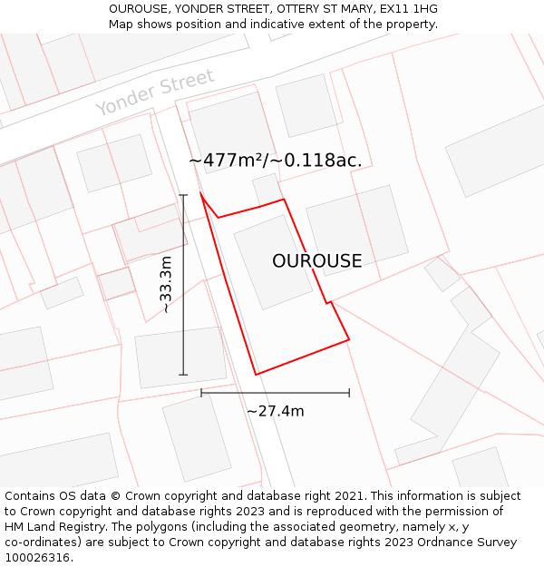 OUROUSE, YONDER STREET, OTTERY ST MARY, EX11 1HG: Plot and title map