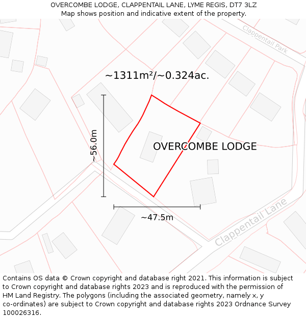 OVERCOMBE LODGE, CLAPPENTAIL LANE, LYME REGIS, DT7 3LZ: Plot and title map