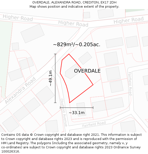 OVERDALE, ALEXANDRA ROAD, CREDITON, EX17 2DH: Plot and title map