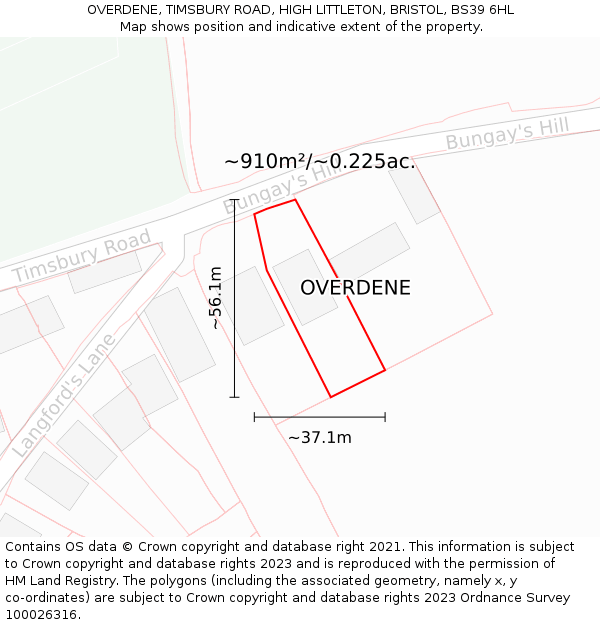 OVERDENE, TIMSBURY ROAD, HIGH LITTLETON, BRISTOL, BS39 6HL: Plot and title map