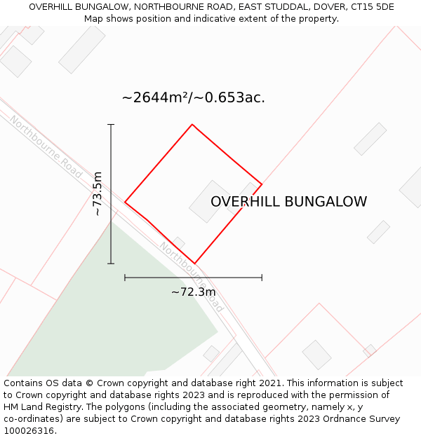 OVERHILL BUNGALOW, NORTHBOURNE ROAD, EAST STUDDAL, DOVER, CT15 5DE: Plot and title map