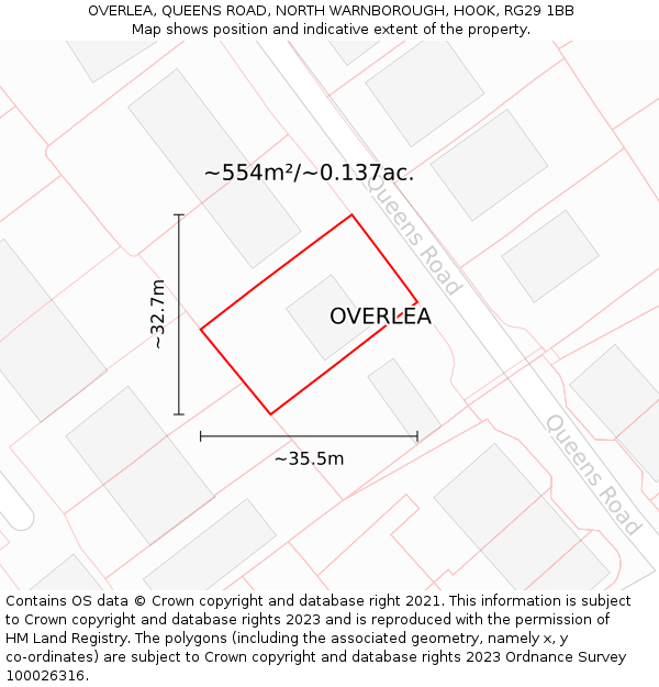 OVERLEA, QUEENS ROAD, NORTH WARNBOROUGH, HOOK, RG29 1BB: Plot and title map